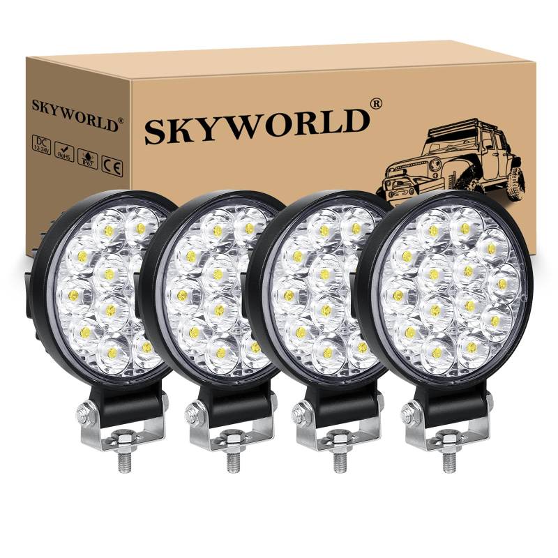 SKYWORLD 12V led strahler kfz, 4pcs 3.2 Zoll 42W Round Mini Spot scheinwerfer auto offroad nebelscheinwerfer für SUV ATV Traktor LKW 4x4, 6000K Weiß, led arbeitsscheinwerfer, led arbeitslicht von SKYWORLD