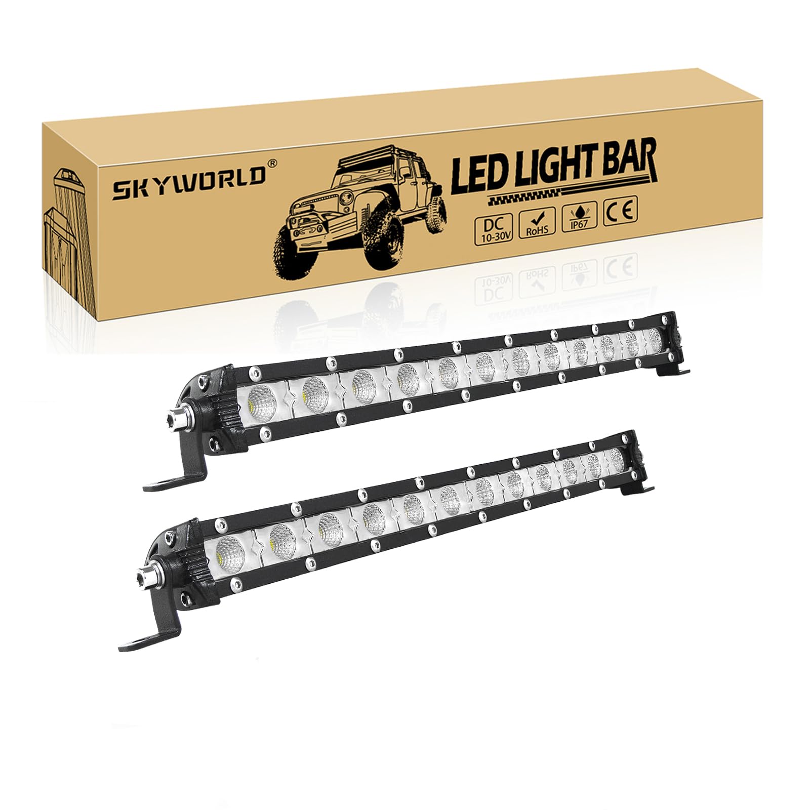 SKYWORLD 33cm Led Arbeitsscheinwerfer Bar 60W Spot Beam LED Arbeitsleuchte Bar 6000K Einreihige Led Scheinwerfer 12V 24V für Auto, LKW, Offroad-Fahrzeuge, Fahrzeuge, ATVs, Wasserdicht, 2 Stück von SKYWORLD