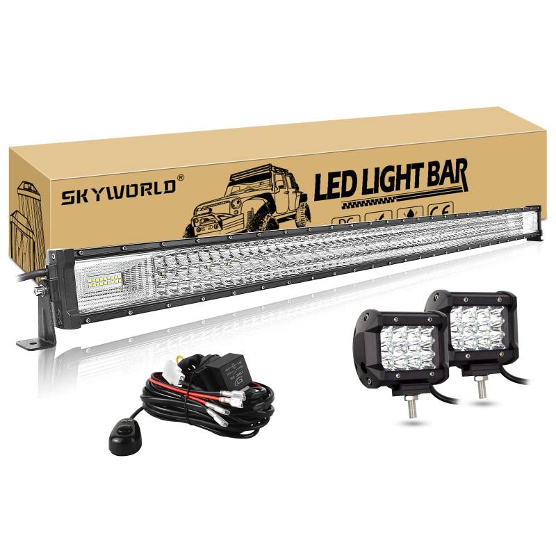 SKYWORLD 132cm Arbeitsscheinwerfer Bar Led 12V 52" Gerade Dreireihig 675W LED Scheinwerfer mit Kabelbaum + 2 STÜCK 10cm 36W Auto Scheinwerfer Offroad Flutlicht Spotlight für Auto Traktor SUV UTV ATV von SKYWORLD