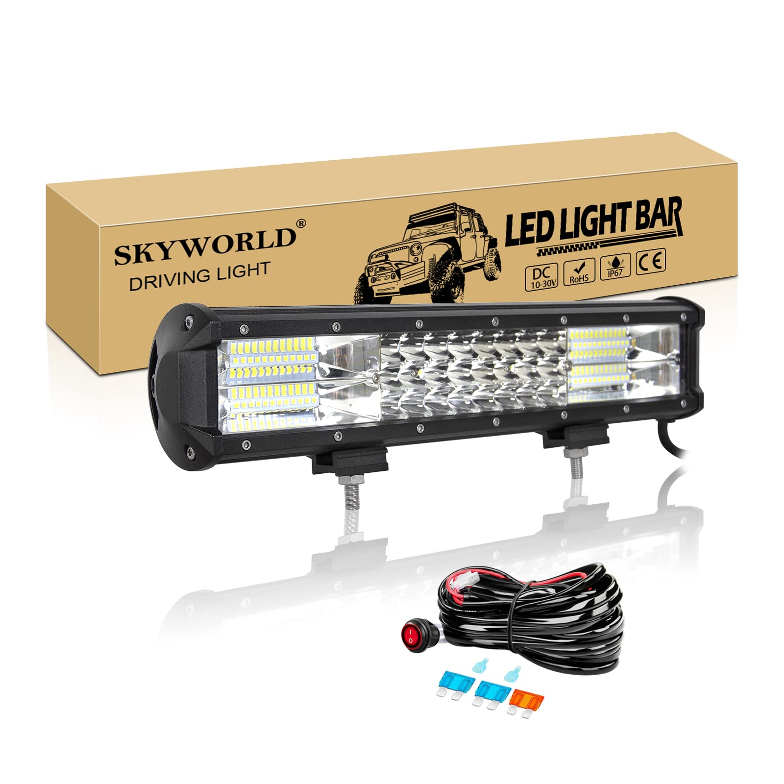 SKYWORLD 15 Zoll 38cm 216W LED Arbeitsscheinwerfer Bar mit 12V Kabelbaum, LED lichtleiste kfz Offroad Beleuchtung Wasserdichte für Auto Traktor SUV UTV ATV LKW 4x4, 6000K Weiß Nebelscheinwerfer von SKYWORLD