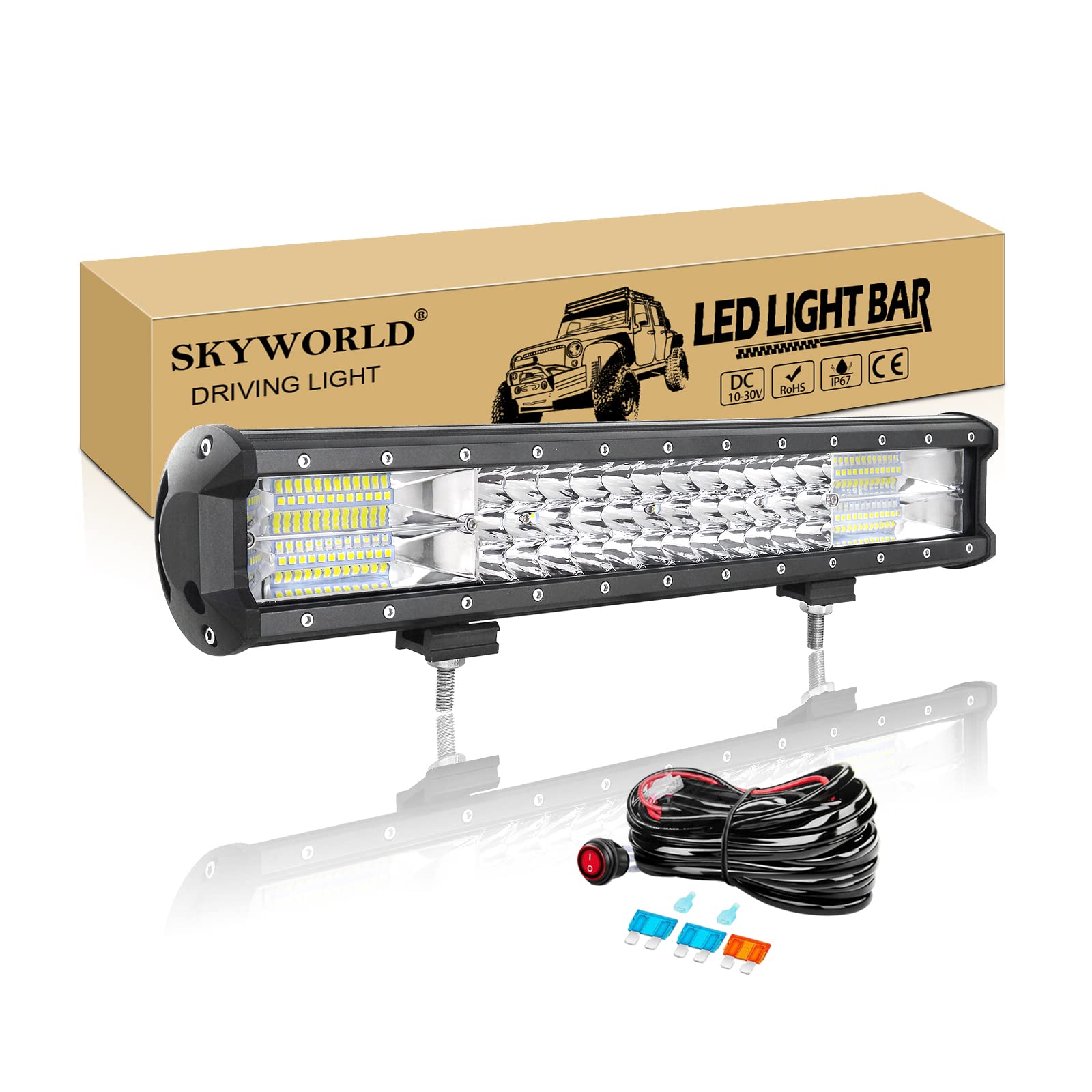 SKYWORLD 18 Zoll 45cm 252W LED Arbeitsscheinwerfer Bar mit 12V Kabelbaum, LED lichtleiste kfz Offroad Beleuchtung wasserdichte für Auto Traktor SUV UTV ATV LKW 4x4, 6000K Weiß Nebelscheinwerfer von SKYWORLD