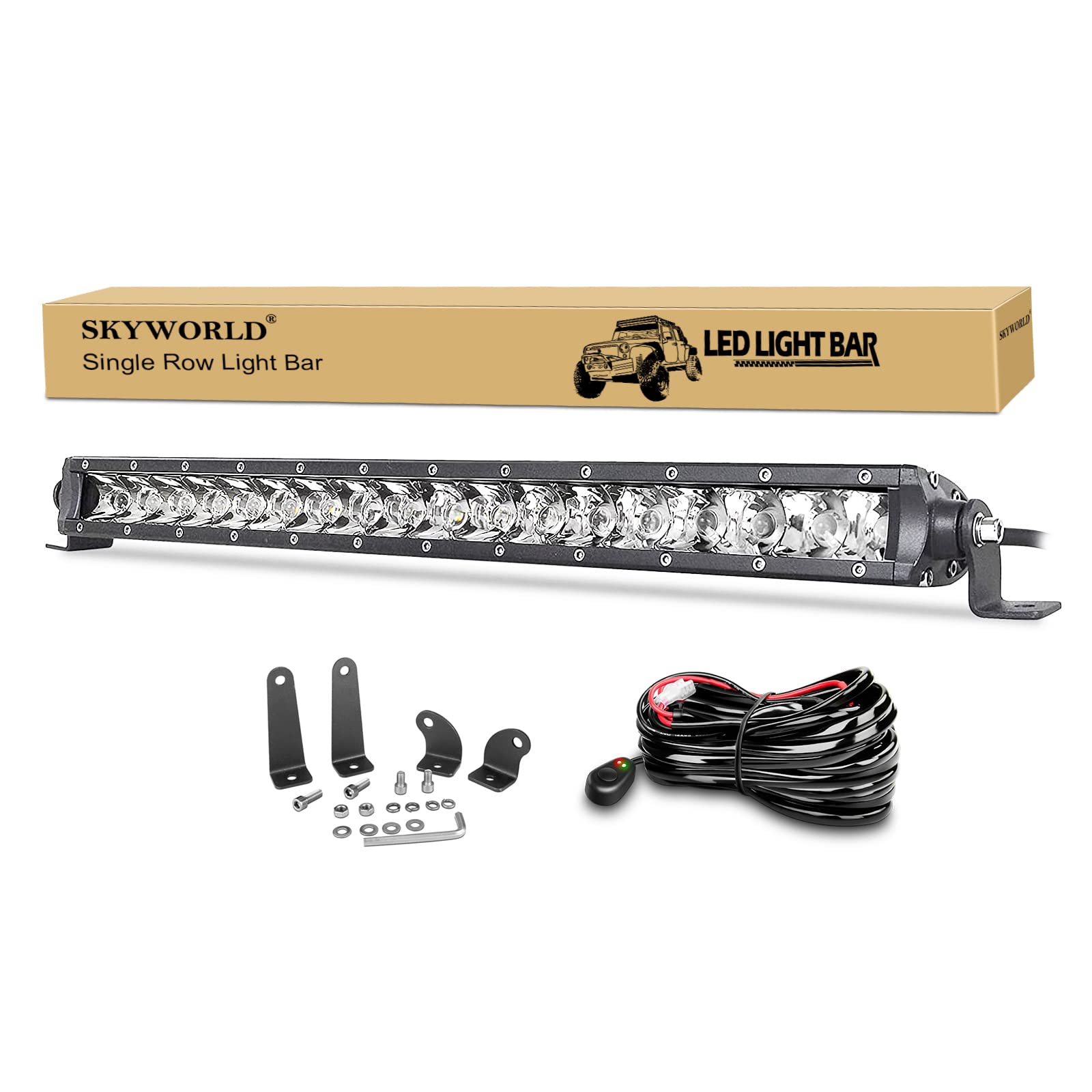 SKYWORLD 19 Zoll 48 cm 90W Spot Ultra Slim Einreihige LED Lichtleiste mit Kabelbaumsatz für Offroad Ranger 4x4 4WD ATV UTV SUV-Stoßstange Frontgrill Lufteinlass LED-Arbeitsleuchte 12V 24V von SKYWORLD