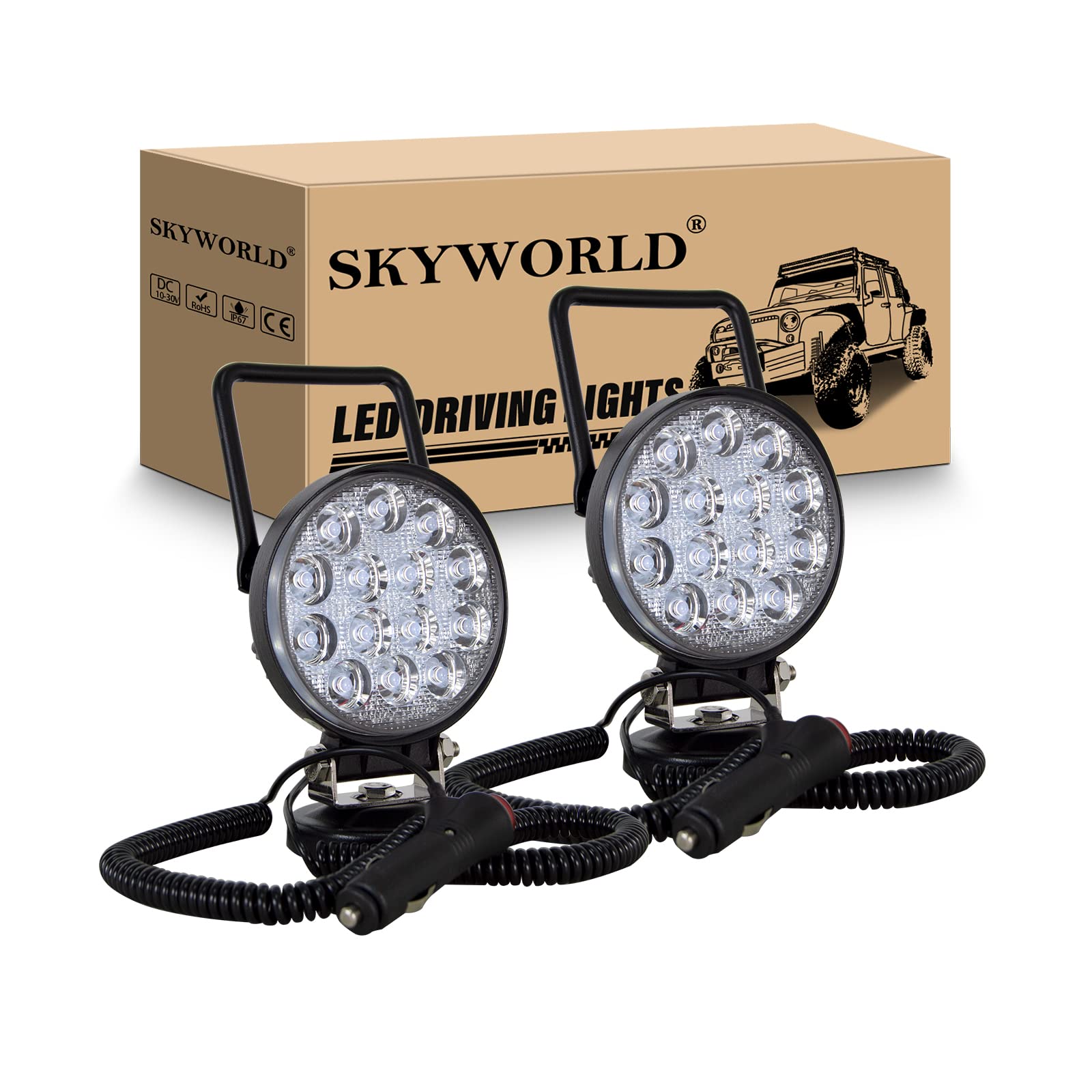 SKYWORLD 2 Pcs Led arbeitsscheinwerfer mit magnetfuß, 4 Zoll 10cm 42W led flutstrahler Offroad Beleuchtung 12V 24V für Auto SUV ATV Traktor LKW 4x4 Boot,6000K led suchscheinwerfer, arbeitslicht von SKYWORLD