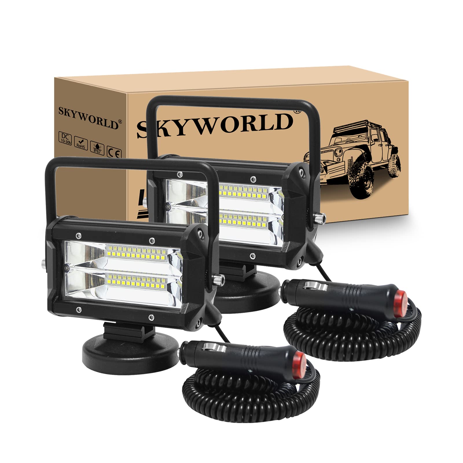 SKYWORLD 2 Pcs Led arbeitsscheinwerfer mit magnetfuß, 5 Zoll 13cm 72W led flutstrahler offroad beleuchtung 12V 24V für Auto SUV ATV Traktor LKW 4x4 Boot,6000K led suchscheinwerfer, arbeitslicht von SKYWORLD