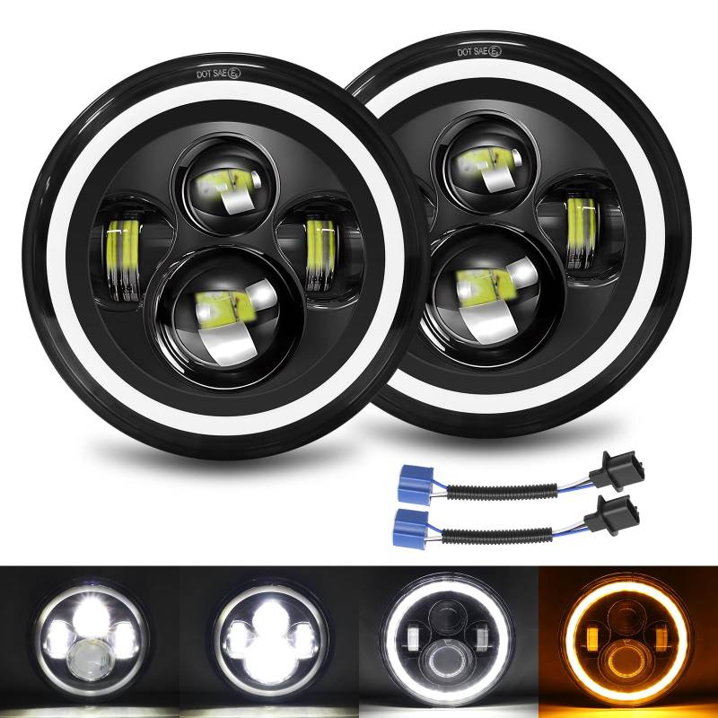 SKYWORLD 2 Stück 7 Zoll LED Scheinwerfer, 50W 5000LM 4 Modi Fahrscheinwerfer 3000K+6000K Offroad Beleuchtung Lichter Feuer Kreuz DRL HI LO Strahl für Wrangler JK TJ LJ CJ Ha-ley Hum-mer von SKYWORLD