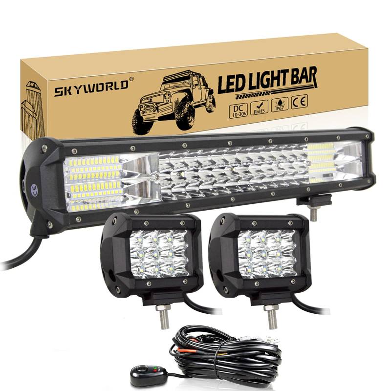 SKYWORLD 252W LED Nebelscheinwerfer 1 Stück und 36W Spot Offroad Scheinwerfer 2 Stück,Wasserdicht IP67 LED Arbeitsscheinwerfer Mit Kabelbaum Kabelsatz für Geländewagen ATV AWD SUV 4x4 Pickup von SKYWORLD