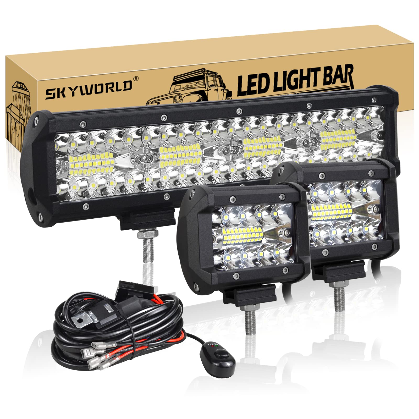 SKYWORLD 30CM 240W Led Arbeitsscheinwerfer Bar 12V LED Lichtleiste Bar Kombistrahl Flutlicht Arbeitsscheinwerfer mit 2 STÜCKE 60W 10CM Spot Offroad Scheinwerfer, Kabelbaum(2 Kabel) für 4X4 Auto SUV von SKYWORLD