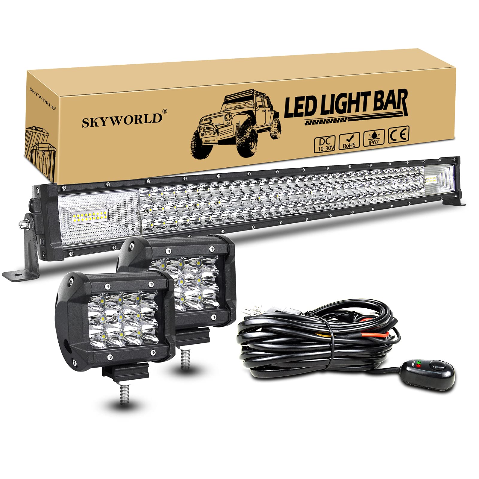 SKYWORLD 32 Zoll LED Arbeitsscheinwerfer Bar 405W Off-Road Zusazuscheinwefer 12V 24V, 2 X 4 Zoll 36W Spot Led Scheinwerfer Arbeitslichtleiste + Kabelbaum Kit für Traktor LKW ATV UTV Fahrzeuge von SKYWORLD