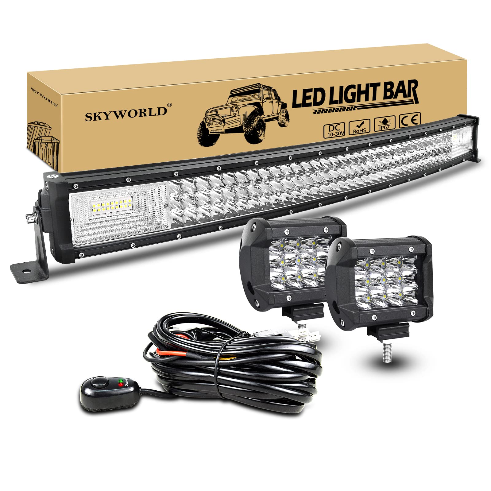 SKYWORLD 32 Zoll LED Arbeitsscheinwerfer Bar Gebogen Off-Road Zusazuscheinwefer 12V 24V, 2 X 4 Zoll Spot Led Scheinwerfer Arbeitslichtleiste + Kabelbaum Kit für 4x4 4WD Traktor LKW ATV UTV Fahrzeuge von SKYWORLD