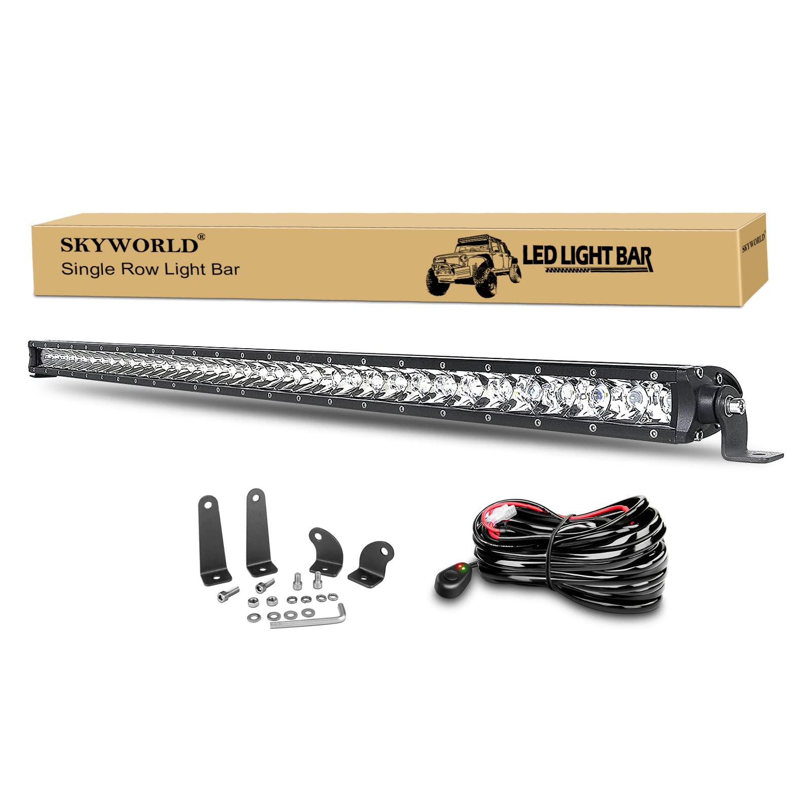 SKYWORLD 37 Zoll 93 cm 180W Spot Ultra Slim Einreihige LED Lichtleiste mit Kabelbaumsatz für Offroad Ranger 4x4 4WD ATV UTV SUV-Stoßstange Frontgrill Lufteinlass LED-Arbeitsleuchte 12V 24V von SKYWORLD