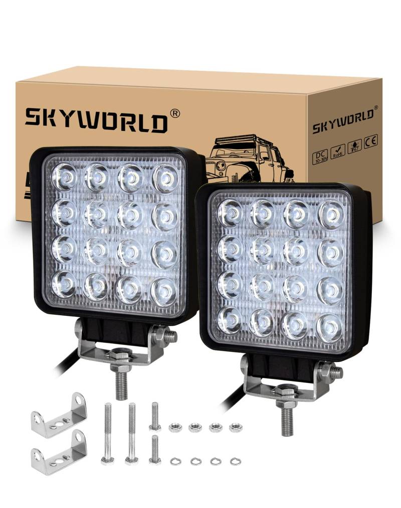 SKYWORLD 12V 48W LED Arbeitsscheinwerfer, 4 Zoll Offroad Flutlicht, IP67 Wasserdicht, 2 Stücke, für Traktor, Bagger, Schlepper, Gabelstapler, ATV, LKW, Offroad 4x4 von SKYWORLD