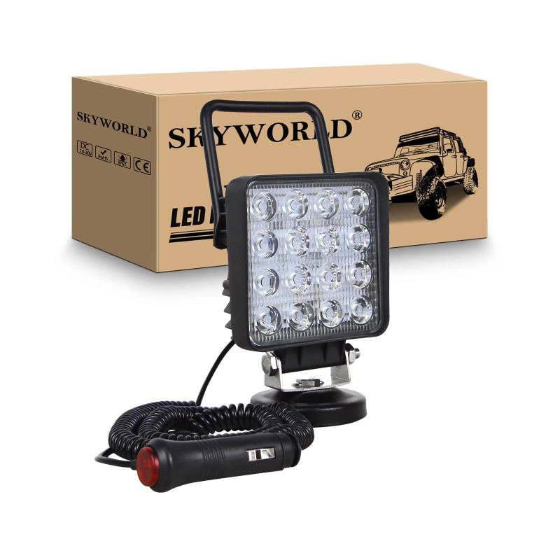 SKYWORLD led Arbeitsscheinwerfer mit Magnetfuß, 4 Zoll 10cm 48W Quadrat LED Flood Strahler 12V 24V Suchlicht Offroad Beleuchtung für Auto SUV ATV Traktor LKW 4x4 Boot, 6000K LED Suchscheinwerfer von SKYWORLD