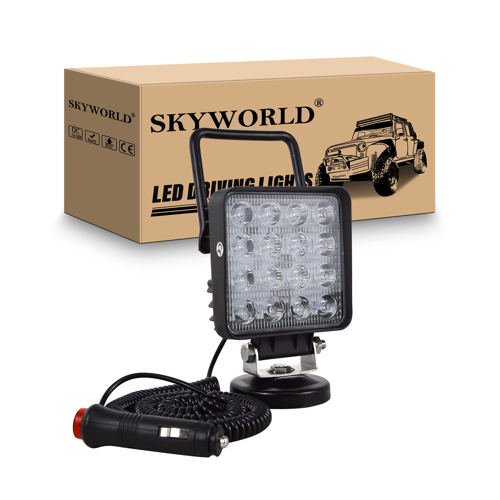 SKYWORLD led Arbeitsscheinwerfer mit Magnetfuß, 4 Zoll 10cm 48W Quadrat LED Spot Strahler 12V 24V Suchlicht Offroad Beleuchtung für Auto SUV ATV Traktor LKW 4x4 Boot, 6000K LED Suchscheinwerfer von SKYWORLD