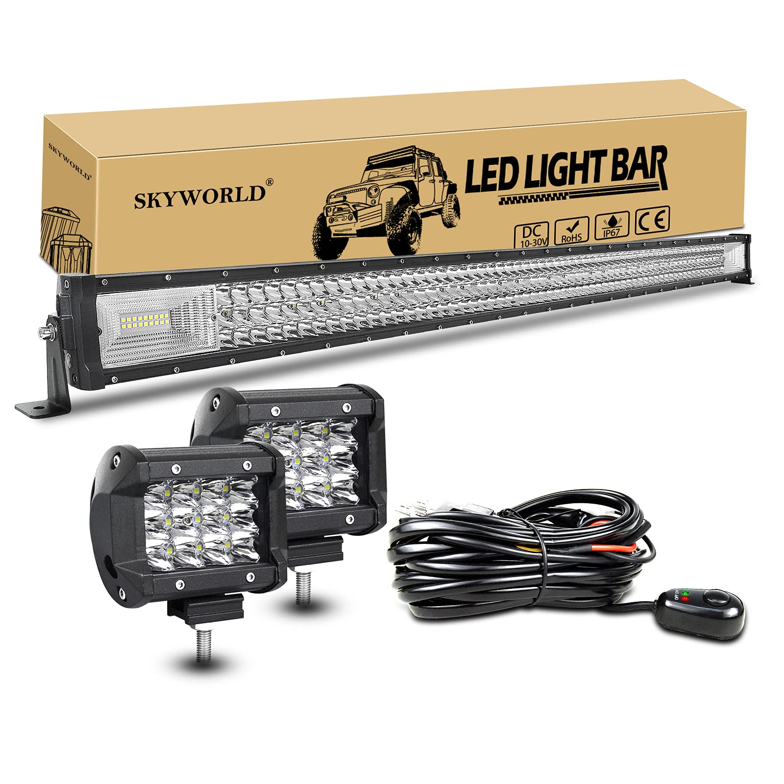 SKYWORLD 50 Zoll LED Arbeitsscheinwerfer Bar 648W Off-Road Zusazuscheinwefer 12V 24V, 2 X 4 Zoll 36W Spot Led Scheinwerfer Arbeitslichtleiste + Kabelbaum Kit für Traktor LKW ATV UTV Fahrzeuge von SKYWORLD