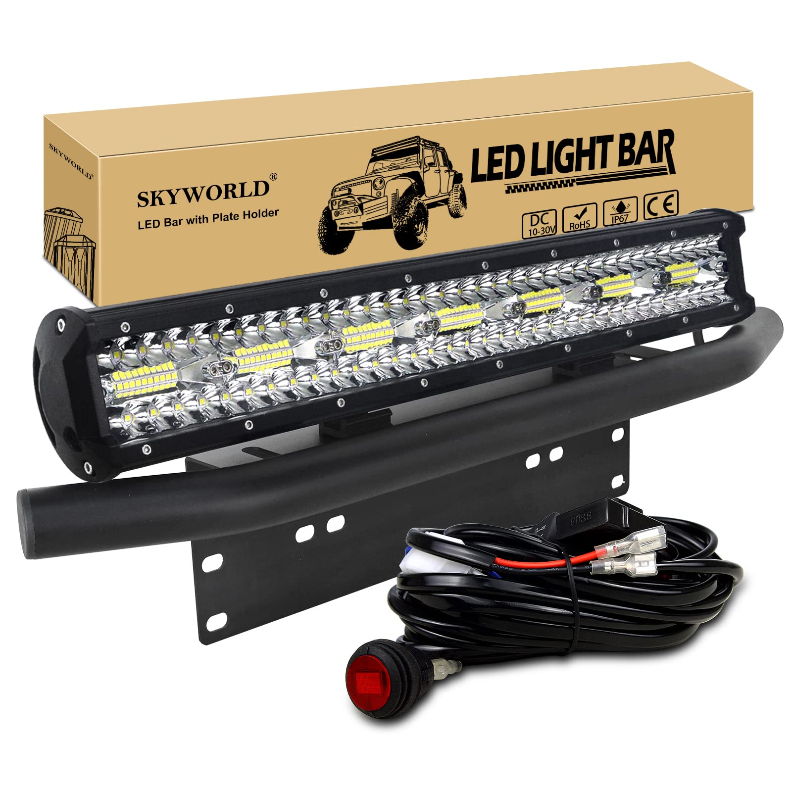 SKYWORLD 50.8 cm 420W LED Arbeitsscheinwerfer Bar 12V 24V Spot-Flood-Kombistrahl Zusatzscheinwerfer mit schwarzer Kennzeichenhalterung Toggle Switch Kabelbaum-Kit für LKW PKW ATV SUV 4x4 LKW Coche von SKYWORLD