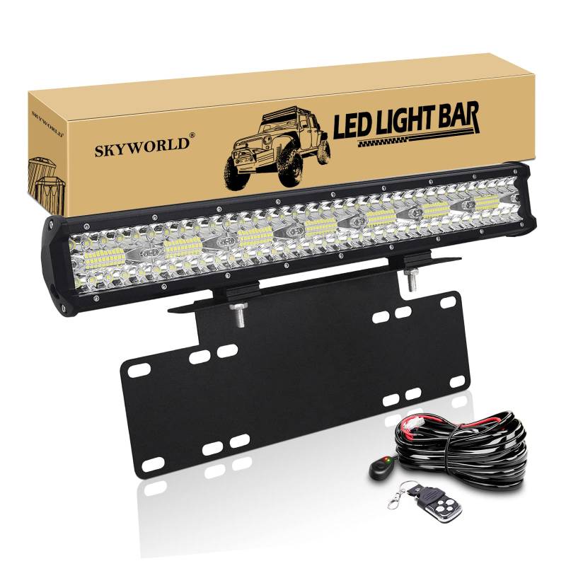 SKYWORLD 50.8cm Arbeitsscheinwerfer 420W LED-Lichtleiste, Zusatzscheinwerfer Offroad Scheinwerfer, kennzeichenhalter nummernschildhalter mit 12V Blitz kabelbaum kit für Auto SUV LKW PKW 4x4 von SKYWORLD