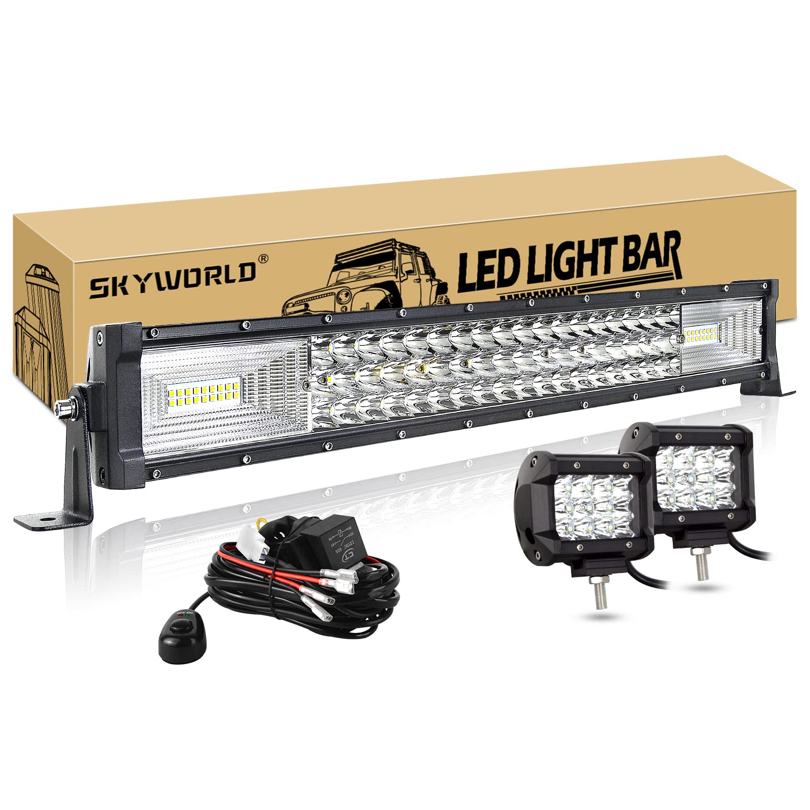 SKYWORLD 55,8cm Arbeitsscheinwerfer Bar Led 12V 22" Gerade Dreireihig 270W LED Scheinwerfer mit Kabelbaum + 2 STÜCK 10cm 36W Auto Scheinwerfer Offroad Flutlicht Spotlight für Auto Traktor SUV UTV ATV von SKYWORLD