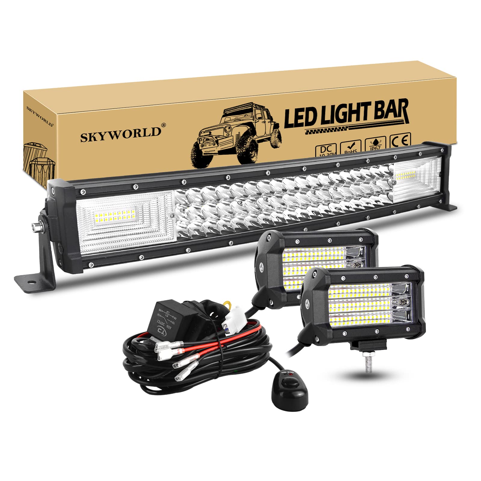 SKYWORLD 56cm 270W Gebogen LED Arbeitsscheinwerfer Bar Led Lichtleiste, 2 x 13cm 135W Auto Flutlicht Zusatzscheinwerfer Offroad Beleuchtung mit 12V kabelbaum kit für Auto LKW KFZ Traktor 4x4 von SKYWORLD