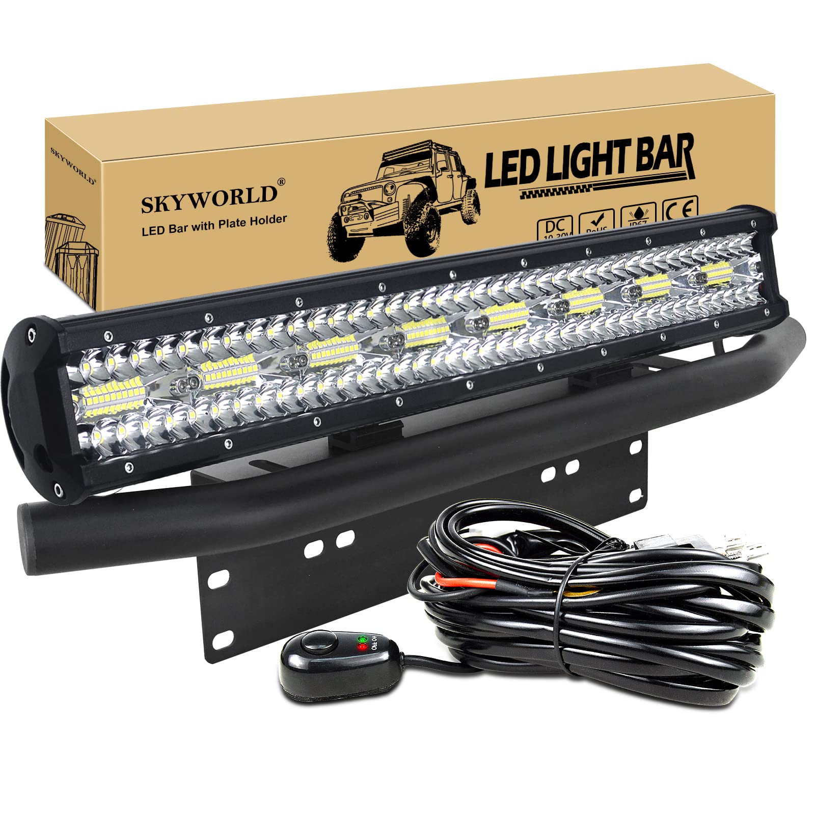 SKYWORLD 59 cm 480W LED Arbeitsscheinwerfer Bar 12V 24V Spot-Flood-Kombistrahl Zusatzscheinwerfer LED-Lichtleiste mit schwarzer Kennzeichenhalterung Kabelbaum-Kit für LKW PKW ATV SUV 4x4 LKW Coche von SKYWORLD