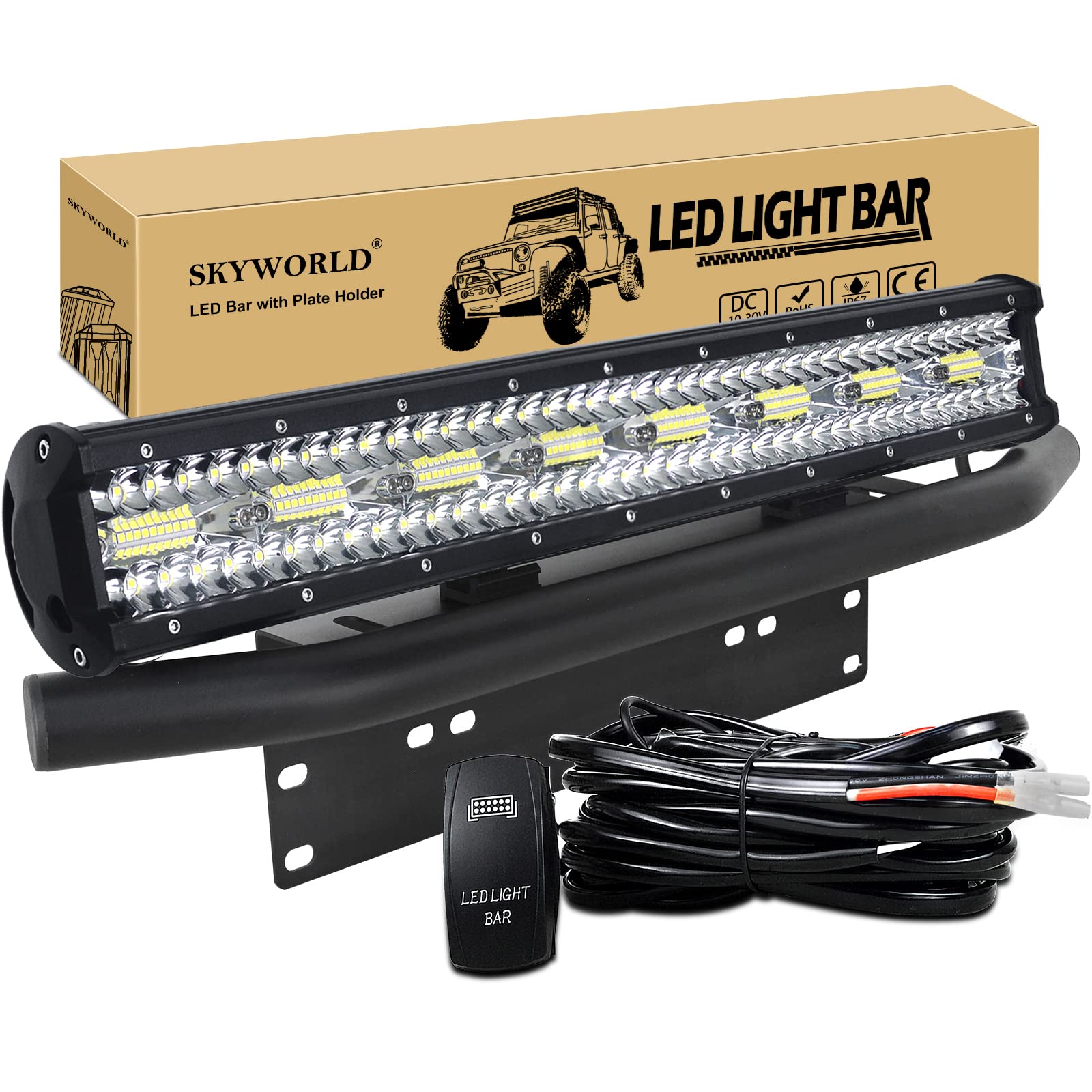 SKYWORLD 59 cm 480W LED Arbeitsscheinwerfer Bar 12V 24V Spot-Flood-Kombistrahl Zusatzscheinwerfer mit schwarzer Kennzeichenhalterung Rocker Switch Kabelbaum-Kit für LKW PKW ATV SUV 4x4 LKW Coche von SKYWORLD