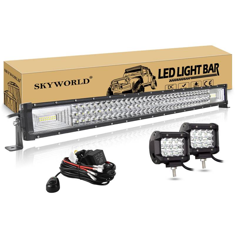 SKYWORLD 81cm Arbeitsscheinwerfer Bar Led 12V 32" Gerade Dreireihig 405W LED Scheinwerfer mit Kabelbaum + 2 STÜCK 10cm 36W Auto Scheinwerfer Offroad Flutlicht Spotlight für Auto Traktor SUV UTV ATV von SKYWORLD