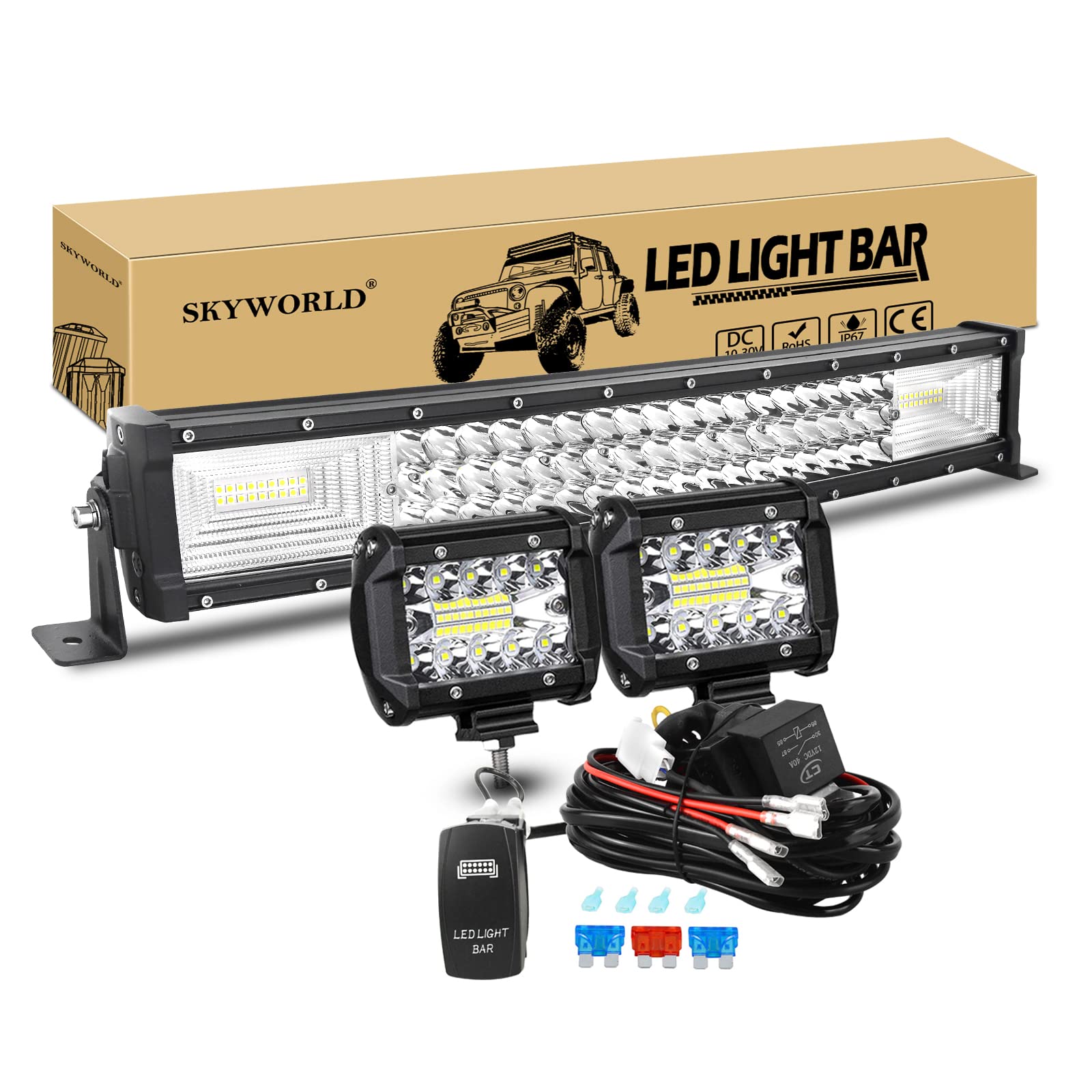 SKYWORLD Gebogen LED Arbeitsscheinwerfer Bar, 56cm 270W Led Lichtleiste Offroad Beleuchtung, 2 X 10cm 60W Zusatzscheinwerfer LED Strahler mit 12V kabelbaum Kit Auto SUV LKW 4x4 Rückfahrscheinwerfer von SKYWORLD