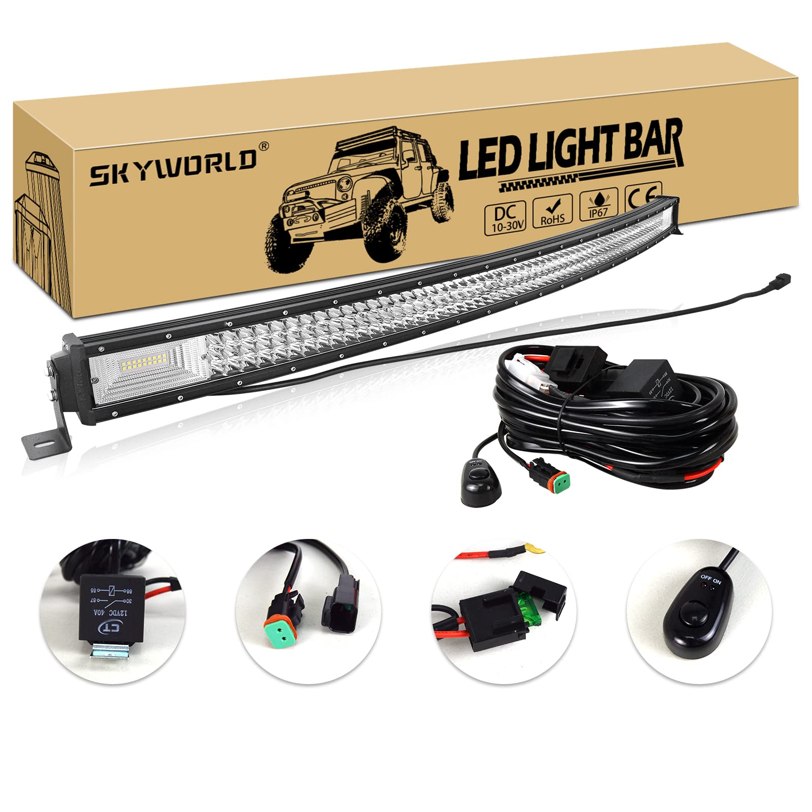 SKYWORLD Led Scheinwerfer Bar 12V, 50 Zoll 127CM Gebogen Led Scheinwerfer Bar, 648W Flutlicht Offroad Led Lichtleiste Dreireihige Led Bar Kombileuchte mit DT Kabelbaumkabel für Truck Car ATV SUV von SKYWORLD