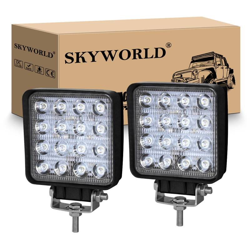 SKYWORLD LED Arbeitsscheinwerfer, 2 Stück 48W Quadrat LED Offroad Zusatzscheinwerfer 12V 24V Scheinwerfer IP67 Wasserdicht Rückfahrscheinwerfer für Trecker KFZ Bagger SUV UTV ATV von SKYWORLD