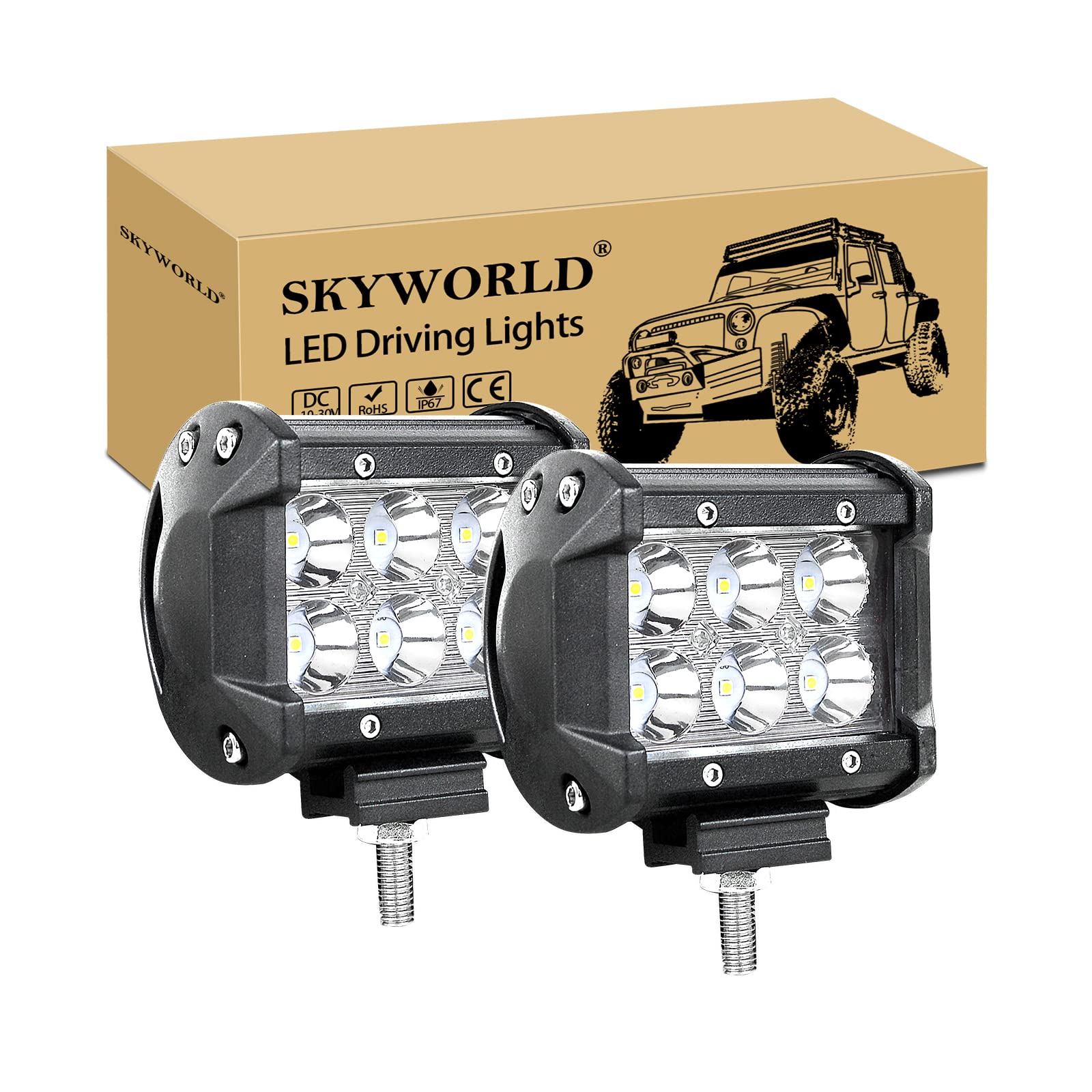 SKYWORLD Auto LED Zusazuscheinwefer 2 x 18W Arbeitslicht LED Light Bar Scheinwerfer Offroad Spotlight Wasserdicht IP67 Lastwagen Kabine ATV UTV SUV Boot 12V 24V von SKYWORLD