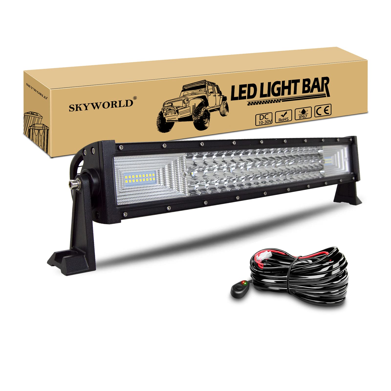 SKYWORLD LED Arbeitsscheinwerfer Bar, 22 Zoll 55.8cm 27000LM Gebogen Scheinwerfer Flutlicht combo Offroad Beleuchtung mit Kabelbaumsatz für 4x4 SUV ATV UTV Auto traktor Bagger LKW KFZ weiß 12V 24V von SKYWORLD