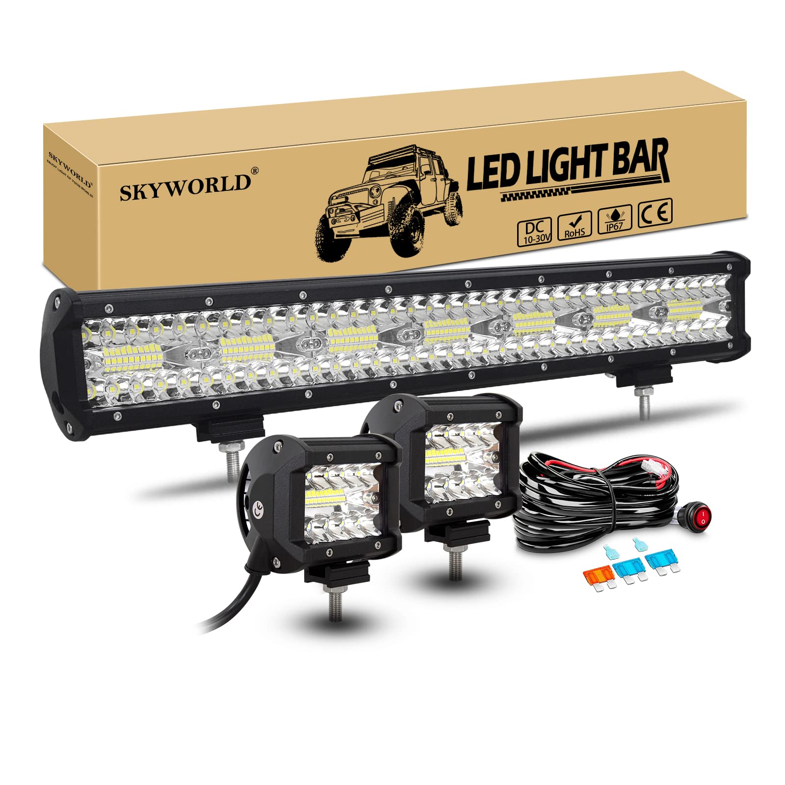 SKYWORLD LED Arbeitsscheinwerfer Bar, 50.8cm 420W Spot Flutlicht Zusatzscheinwerfer 12V 24V + 2 x 10cm 60W Offroad Scheinwerfer Arbeitslicht mit Kabelbaum Kippschalter für Traktor LKW Auto ATV SUV 4x4 von SKYWORLD