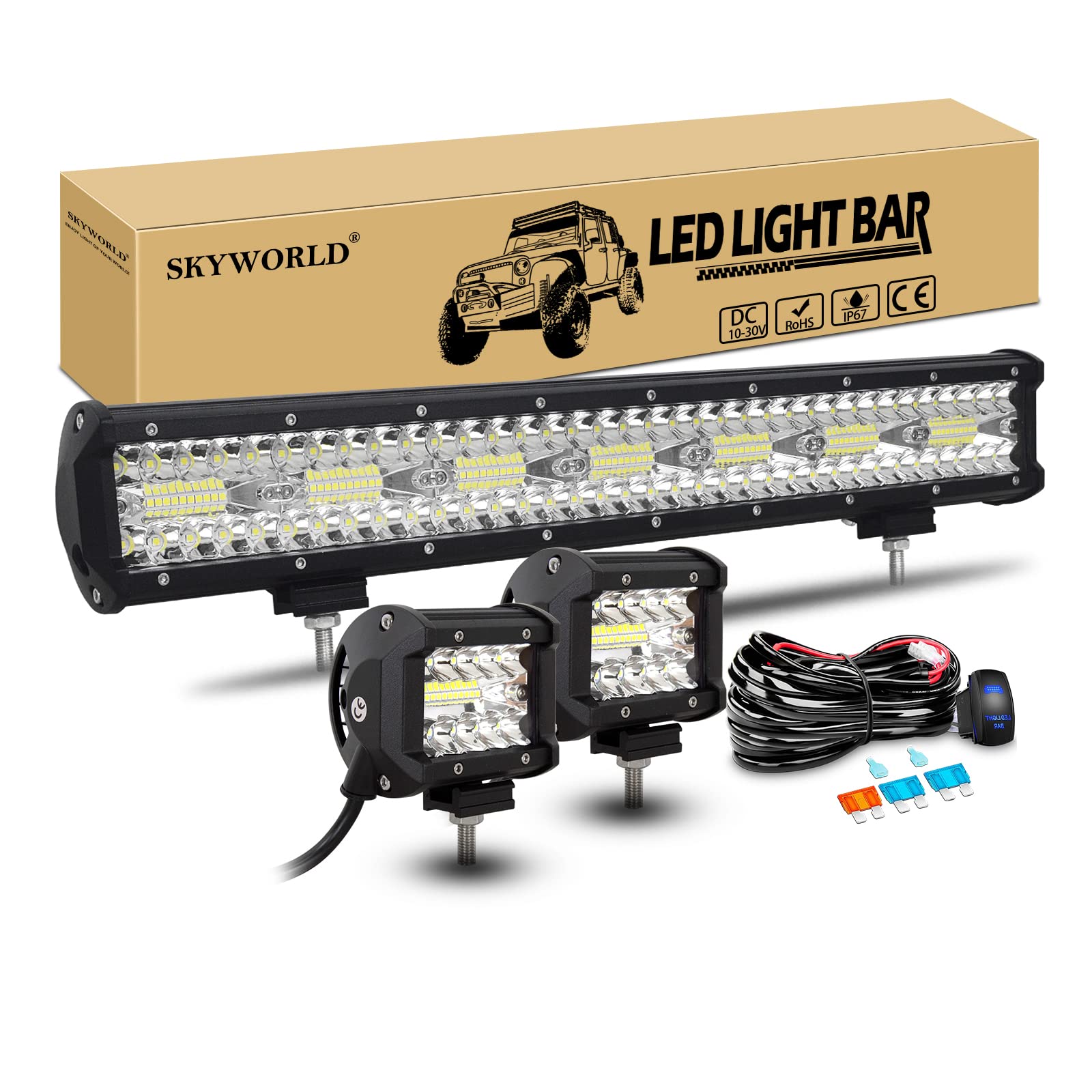 SKYWORLD LED Arbeitsscheinwerfer Bar, 50.8cm 420W Spot Flutlicht Zusatzscheinwerfer 12V 24V + 2 x 10cm 60W Offroad Scheinwerfer Arbeitslicht mit Kabelbaum Wippschalter für Traktor LKW Auto ATV SUV 4x4 SKYWORLD LED Arbeitsscheinwerfer Bar, 50.8cm 420W Spot Flutlicht Zusatzscheinwerfer 12V 24V + 2 x 10cm 60W Offroad Scheinwerfer Arbeitslicht mit Kabelbaum Wippschalter für Traktor LKW Auto ATV SUV 4x4 von SKYWORLD