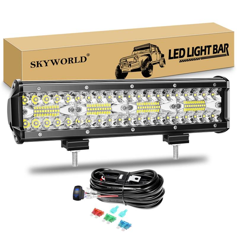 SKYWORLD LED Arbeitsscheinwerfer Bar 12 Zoll 240W weiß LED Scheinwerfer Arbeitslicht Zusatzscheinwerfer mit 12V Rocker Kabelbaum für Auto Offroad Traktor PKW LKW SUV UTV ATV von SKYWORLD