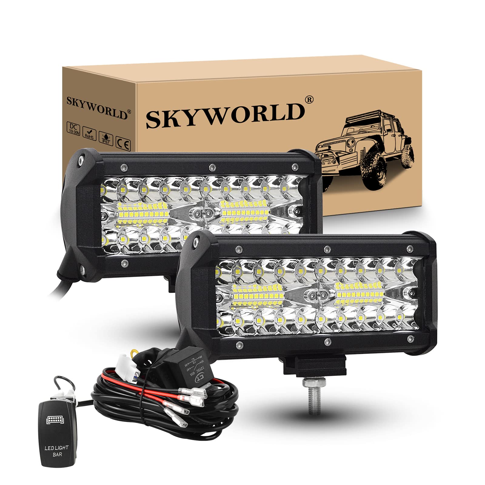 SKYWORLD LED Arbeitsscheinwerfer Bar 2 X 7 Zoll 120W weiß LED Scheinwerfer Arbeitslicht Zusatzscheinwerfer mit 12V Rocker Kabelbaum für Auto Offroad Traktor PKW LKW SUV UTV ATV von SKYWORLD