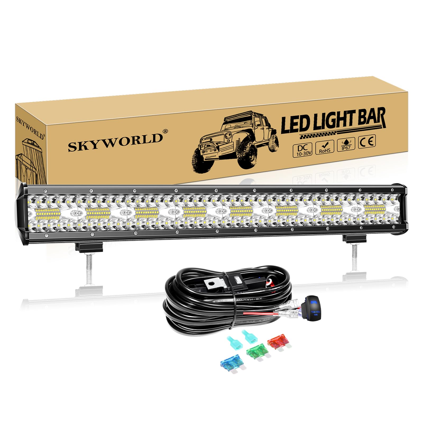 SKYWORLD LED Arbeitsscheinwerfer Bar 23 Zoll 480W weiß LED Scheinwerfer Arbeitslicht Zusatzscheinwerfer mit 12V Rocker Kabelbaum für Auto Offroad Traktor PKW LKW SUV UTV ATV von SKYWORLD