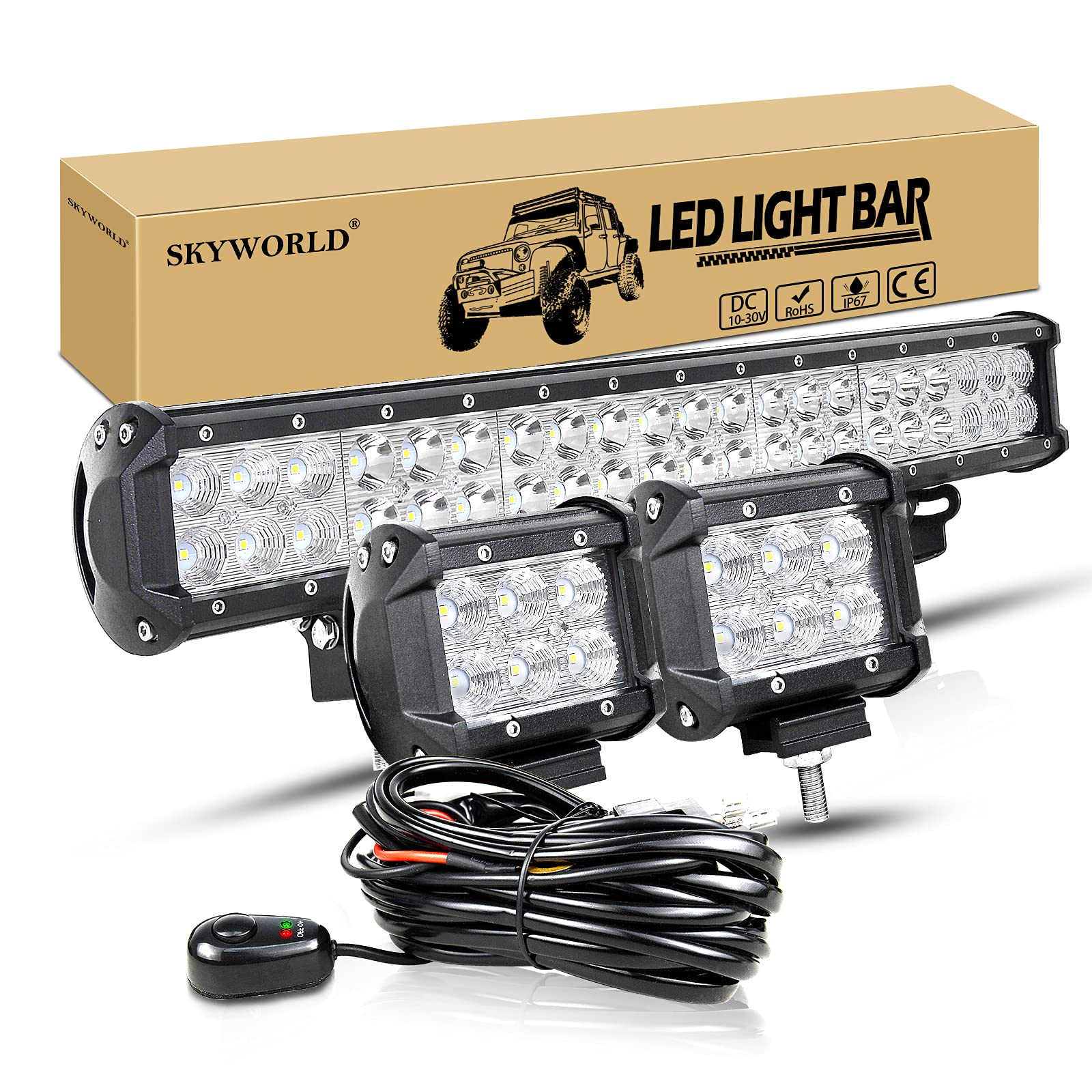 SKYWORLD LED-Flutlicht, zweireihig 50,8 cm 126W 10-30V wasserdicht, für Geländewagen 4x4 + 2 x 18W 10,2 cm Flutlicht LED-Pods Arbeitsleuchte mit Kabelbaum, Kit von SKYWORLD