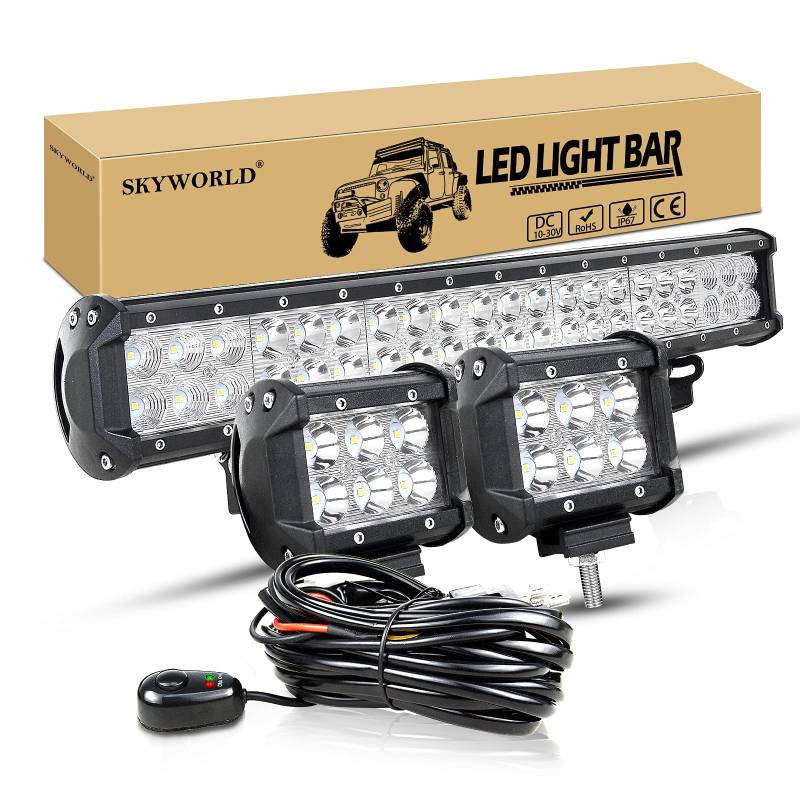 SKYWORLD LED-Flutlicht, zweireihig 50,8 cm 126W 10-30V wasserdicht, für Geländefahrzeuge 4x4 + 2 x 18W 10,2 cm LED-Pods Arbeitsleuchte mit Kabelbaum-Set von SKYWORLD