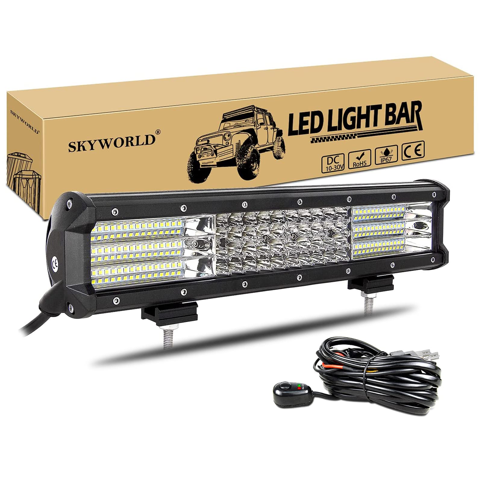 SKYWORLD LED-Lichtleiste, 15 Zoll 390 W Vierreihen-Spot-Flut-Combo-Beam-LED-Offroad-Arbeitsscheinwerfer Nebelscheinwerfer mit Kabelbaum für 4x4 4WD-LKW ATV UTV SUV-Fahrzeuge 12V 24V von SKYWORLD