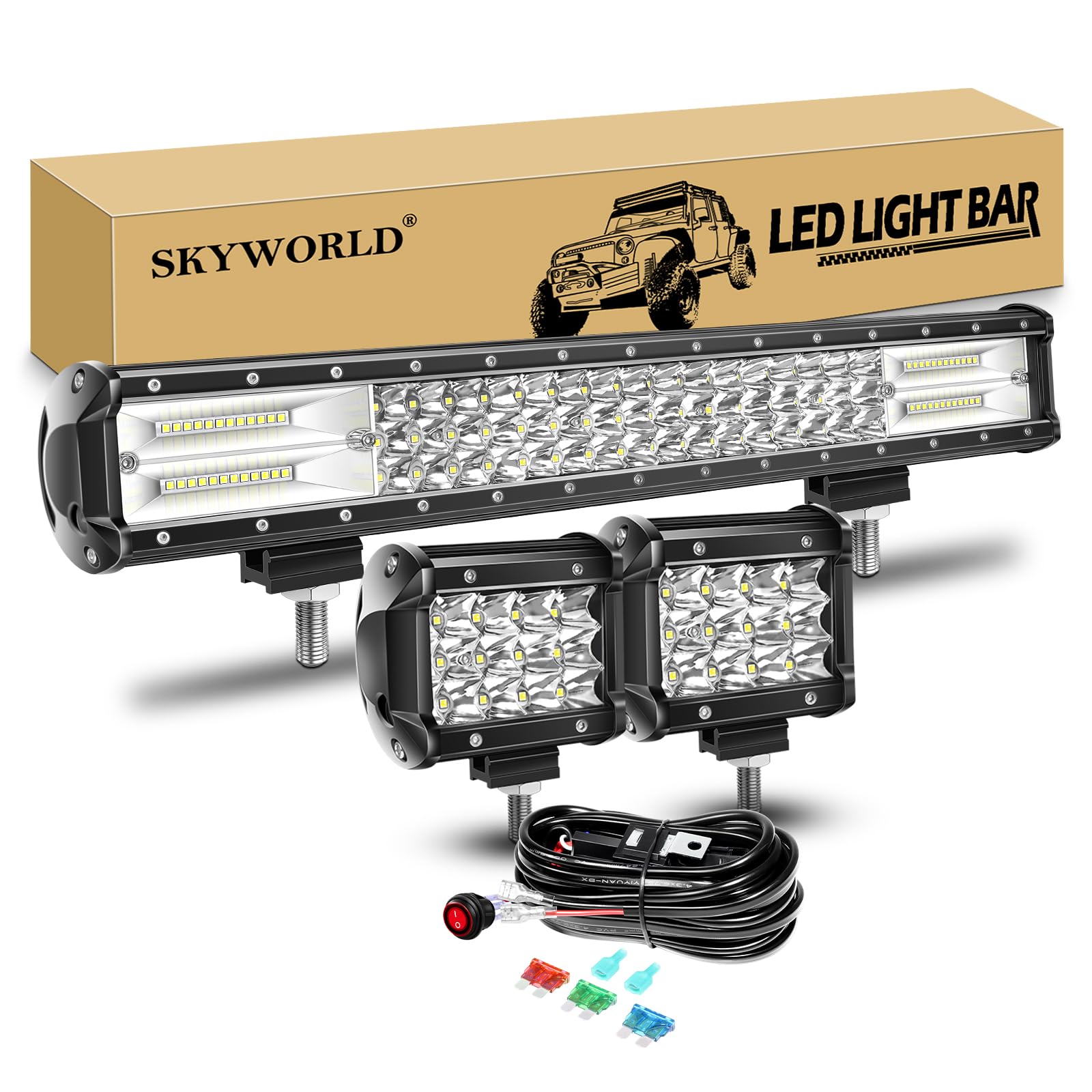 SKYWORLD LED-Lichtleiste, 20" 288W Spot Flutlicht Arbeitsscheinwerfer Bar Offroad + 4" 36W LED Arbeitsscheinwerfer Spotlight mit Kabelbaum Kippschalter für Traktor LKW Auto ATV SUV 4x4 Boot von SKYWORLD