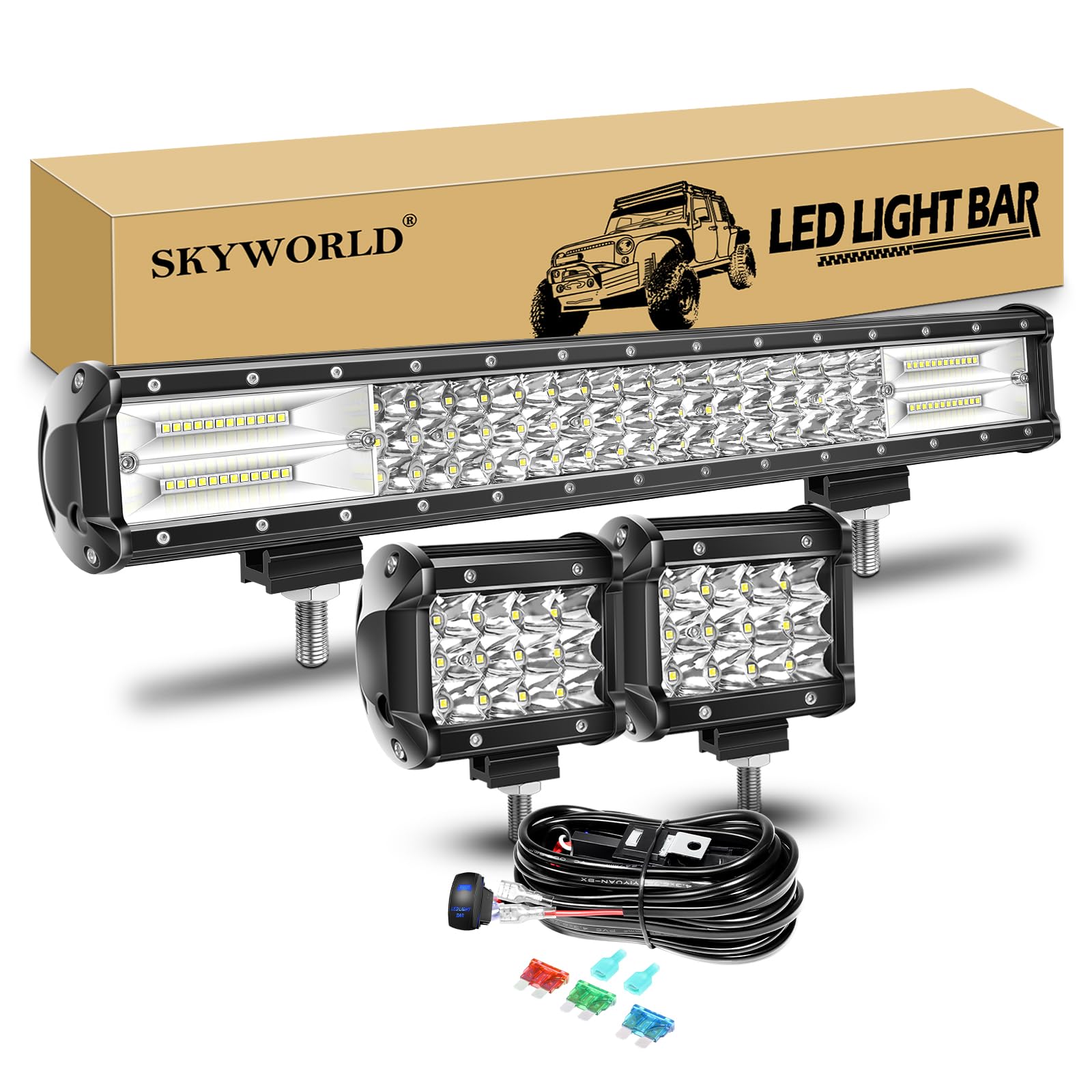 SKYWORLD LED-Lichtleiste, 20" 288W Spot Flutlicht Arbeitsscheinwerfer Bar Offroad + 4" 36W LED Arbeitsscheinwerfer Spotlight mit Kabelbaum Wippschalter für Traktor LKW Auto ATV SUV 4x4 Boot von SKYWORLD