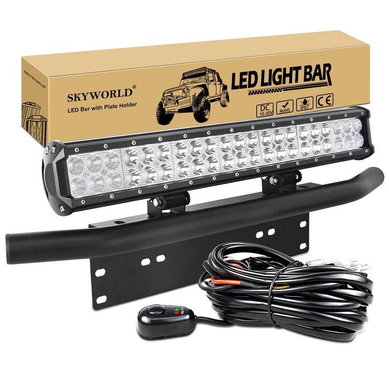 SKYWORLD LED-Lichtleiste, 20 "-Punktscheinwerfer mit 126 W, kombinierter Strahlführung und schwarzem Kennzeichenhalter Kabelbaumsatz für LKW-PKW-ATV-SUV-4x4-LKW-Boot von SKYWORLD