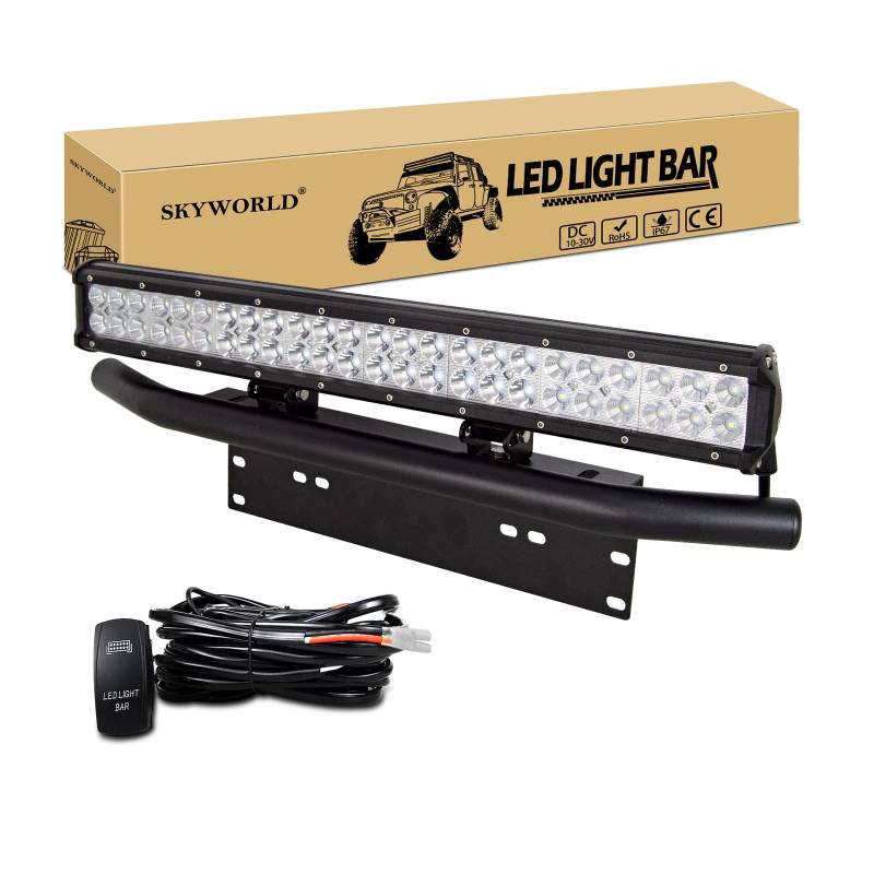 SKYWORLD LED-Lichtleiste, 23 Zoll 144W Spot-Flut-Kombistrahl, Arbeitslampe mit schwarzer Kennzeichenhalterung, 12 V Kabelbaum-Set Wippschalter für LKW Auto ATV SUV 4X4 von SKYWORLD