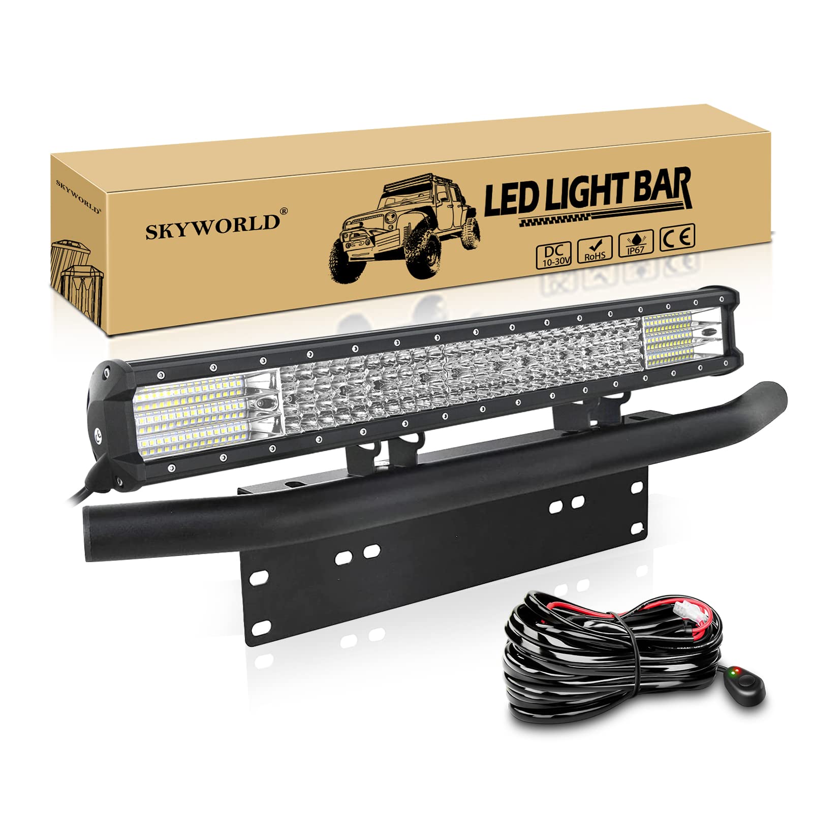 SKYWORLD LED-Lichtleiste, 4 Reihe 59 cm 570W Spot-Flood-Kombistrahl-Arbeitsscheinwerfer mit Montagehalterung mit schwarzer Kennzeichenhalterung Kabelbaum-Kit für LKW PKW ATV SUV 4X4 Auto von SKYWORLD