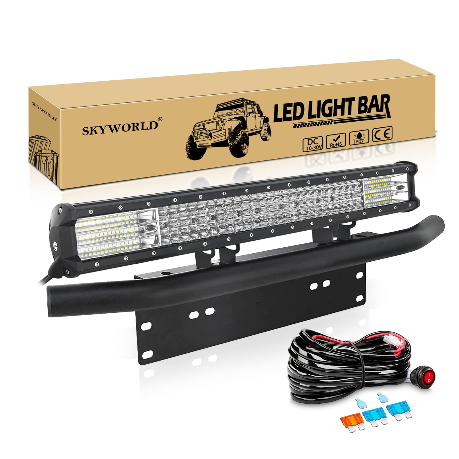 SKYWORLD LED-Lichtleiste, 4 Reihe 59 cm 570W Spot-Flut-Kombistrahl, Arbeitslampe Montagehalterung mit schwarzem Nummernschild-Montagehalterung, 12 V Kabelbaum EIN-/Ausschalter für LKW Auto SUV 4X4 von SKYWORLD