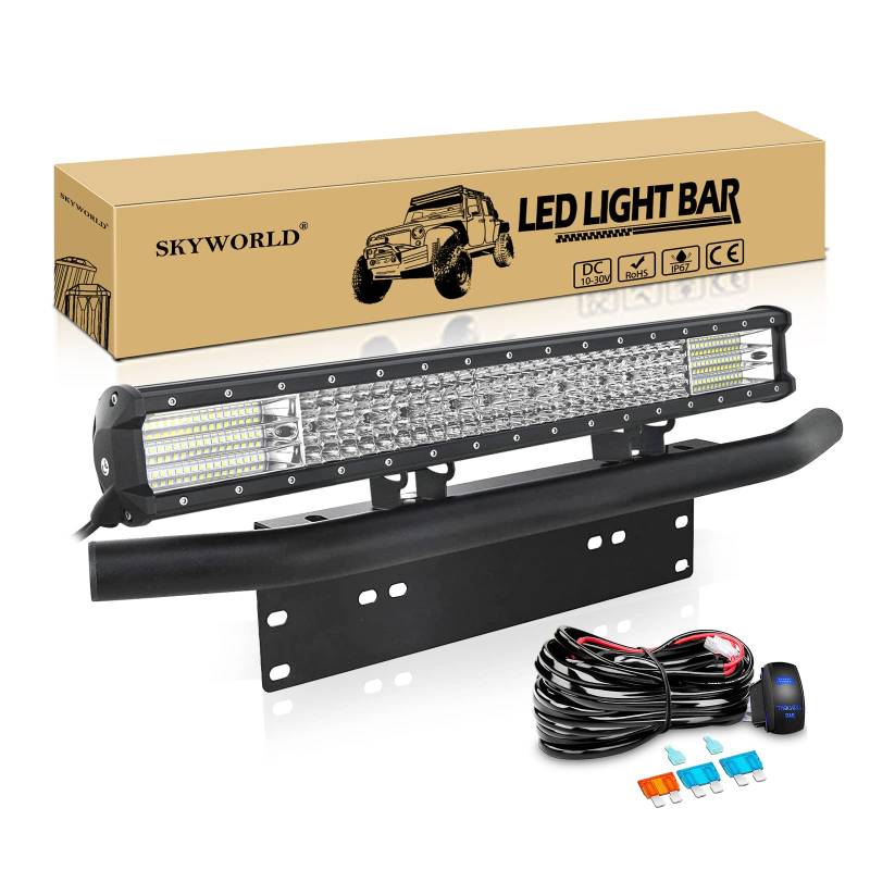 SKYWORLD LED-Lichtleiste, 4 Reihe 59 cm 570W Spot-Flut-Kombistrahl, Arbeitslampe Montagehalterung mit schwarzer Kennzeichenhalterung, 12 V Kabelbaum Wippschalter für LKW Auto SUV 4X4 von SKYWORLD