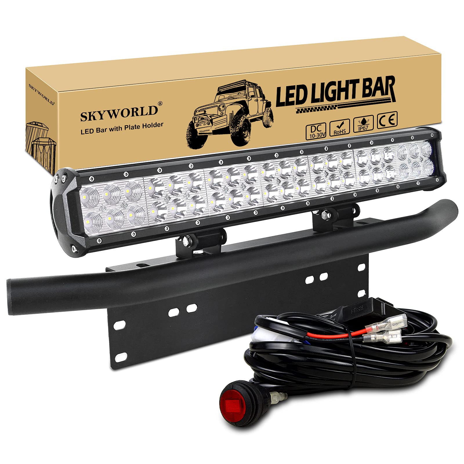 SKYWORLD LED-Lichtleiste, 50,8 cm 126W Spot-Flutlicht Arbeitsscheinwerfer mit Kennzeichenhalterung 12V Kabelbaum-Set EIN-/Ausschalter Stromrelais Flachsicherung für LKW Auto ATV SUV 4x4 von SKYWORLD