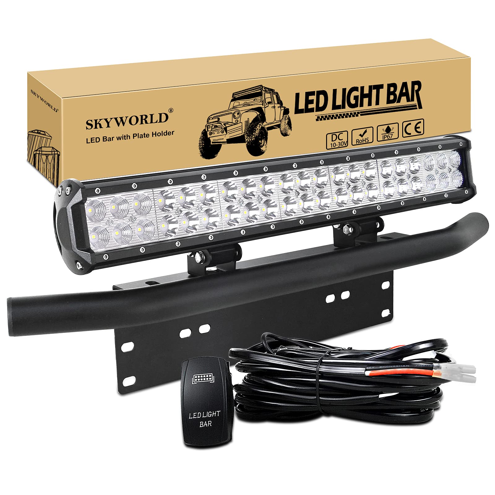 SKYWORLD LED-Lichtleiste, 50,8 cm 126W Spot-Flutlicht Arbeitsscheinwerfer mit Kennzeichenhalterung 12V Kabelbaum-Set Wippschalter Leistungsrelais Flachsicherung für LKW Auto ATV SUV 4x4 von SKYWORLD