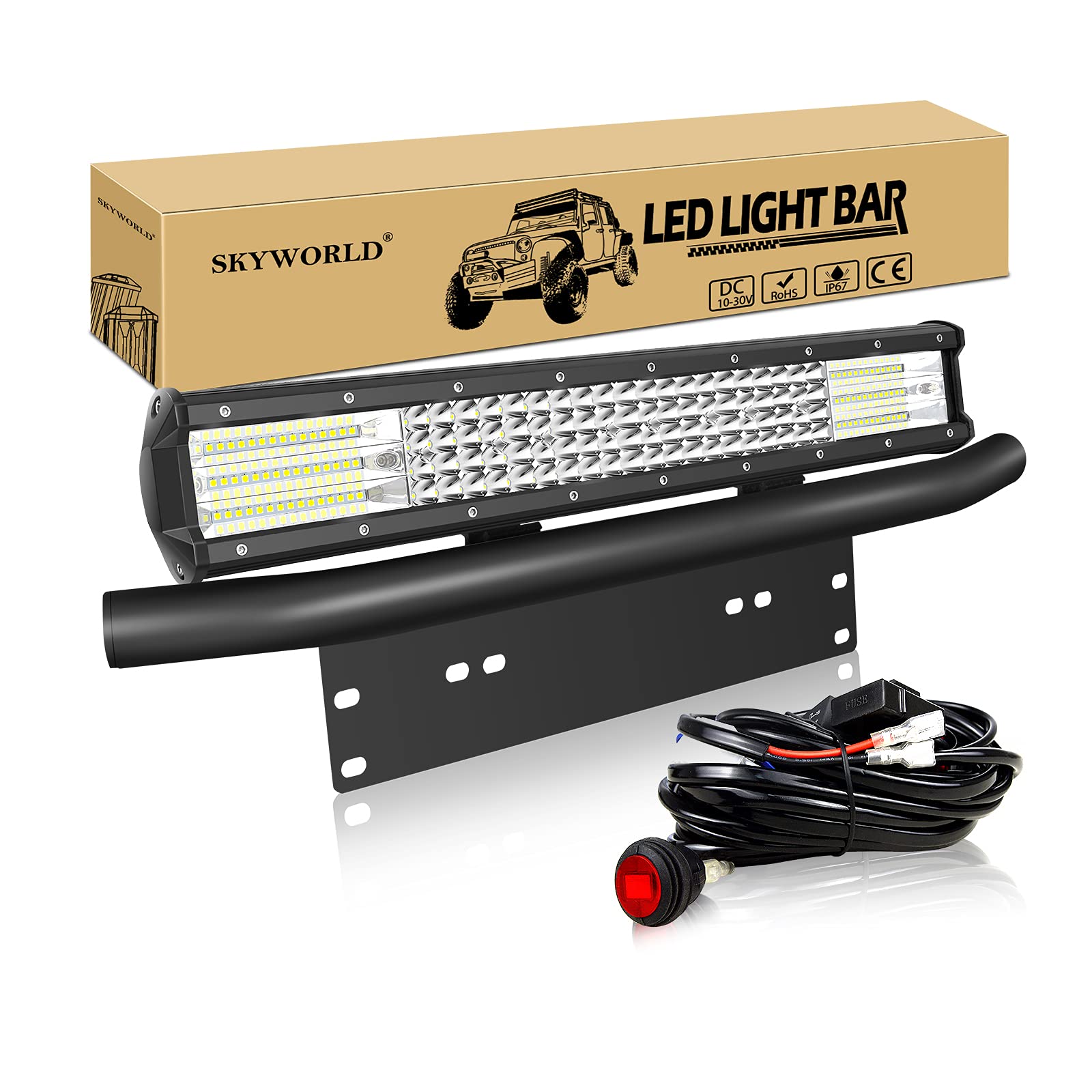 SKYWORLD LED-Lichtleiste, 50,8 cm 510W Arbeitsscheinwerfer mit Kennzeichenhalterung, 12V Kabelbaum-Set EIN-/Ausschalter Leistungsrelais Flachsicherung für LKW Offroad-Auto ATV SUV 4x4 Boot von SKYWORLD