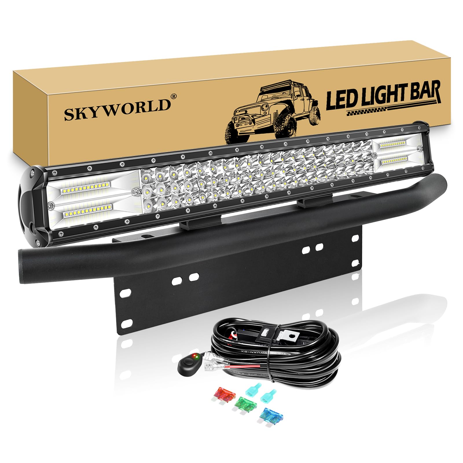 SKYWORLD LED-Lichtleiste, 59 cm 324W Spot-Flood-Kombistrahl-Arbeitsscheinwerfer 12V 24V mit schwarzer Kennzeichenhalterung Kabelbaum-Kit für LKW PKW ATV SUV 4X4 Auto von SKYWORLD