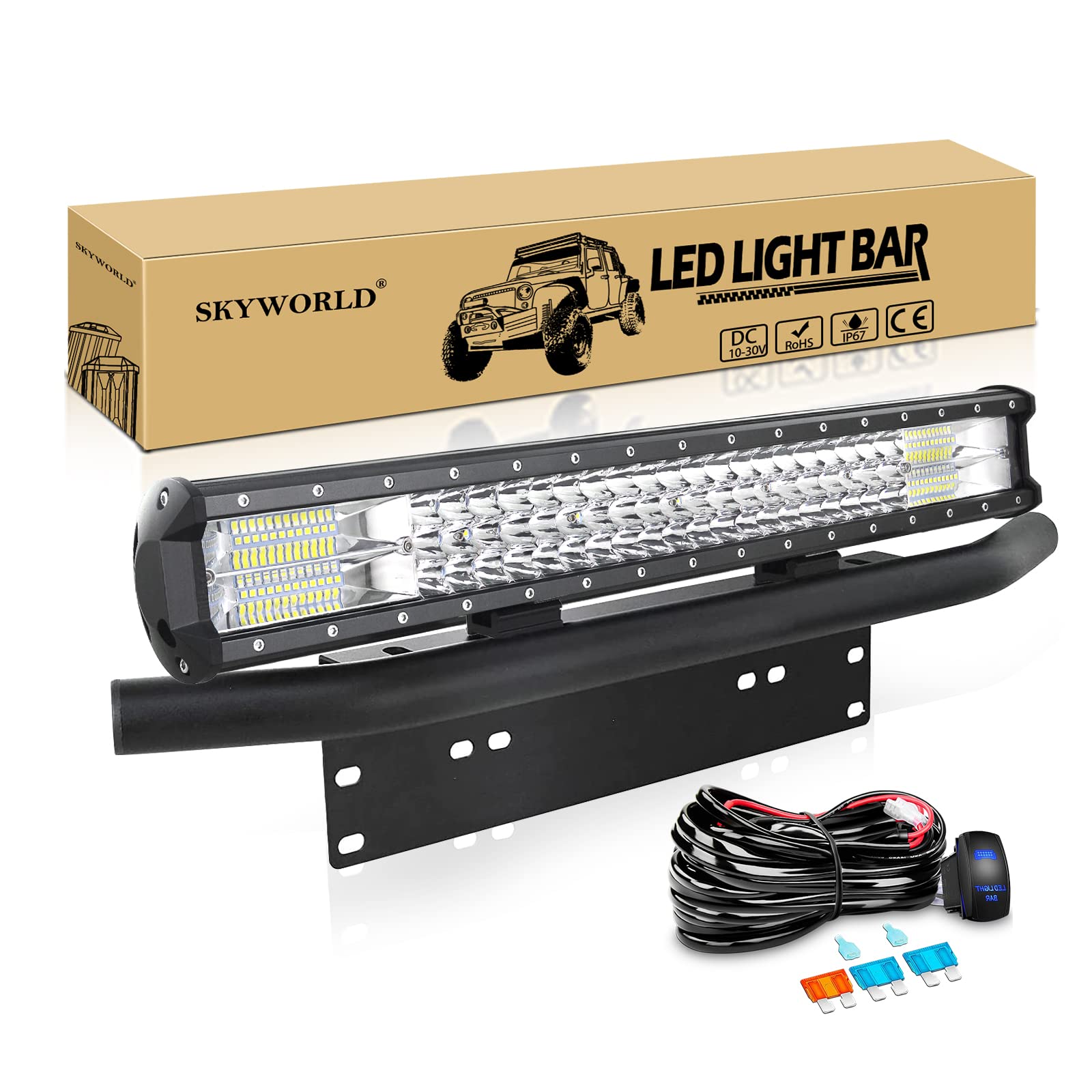 SKYWORLD LED-Lichtleiste, 59 cm 324W Spot-Flut-Kombistrahl, Arbeitslampe mit schwarzer Kennzeichenhalterung, 12 V Kabelbaum-Set Wippschalter für LKW Auto ATV SUV 4X4 von SKYWORLD
